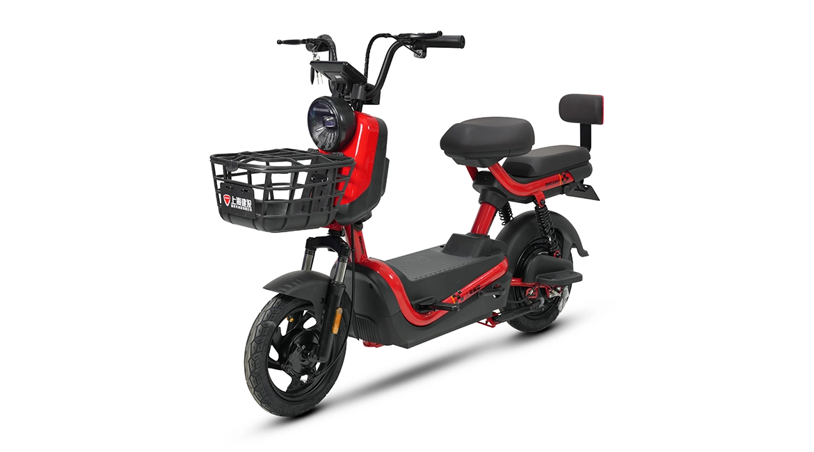 Red-and-black-electric-scooter-angled-front-side-view-with-storage-basket
