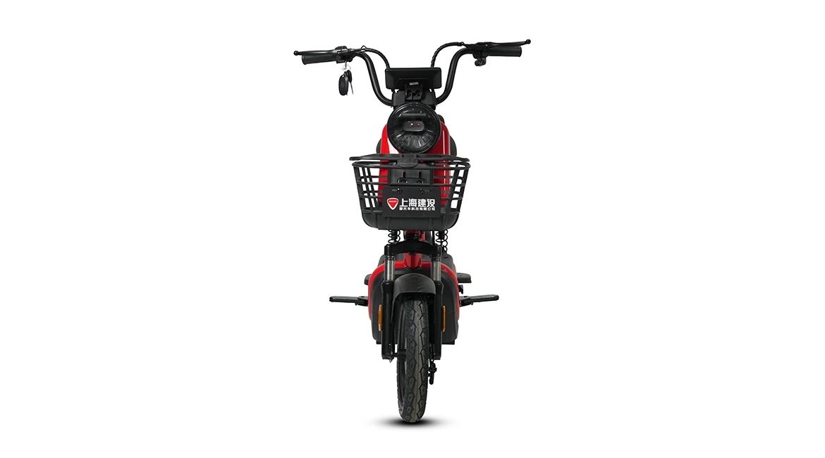 Red-and-black-electric-scooter-front-view-with-headlight-and-front-basket