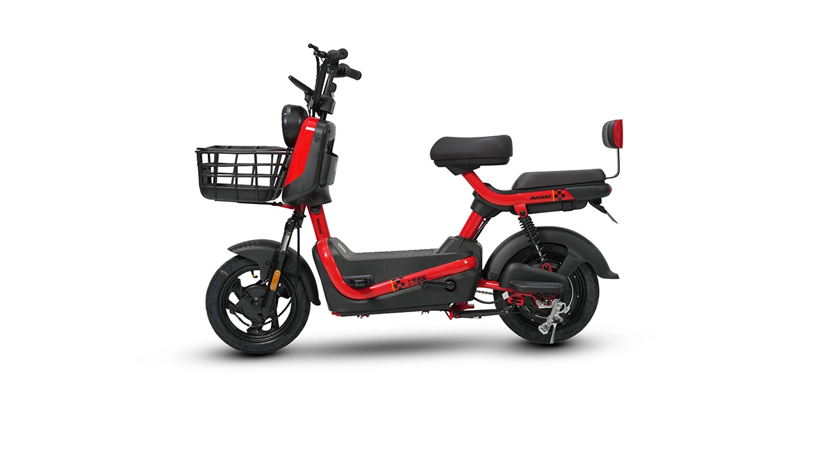 Red-and-black-electric-scooter-side-view-with-front-basket-and-rear-seat
